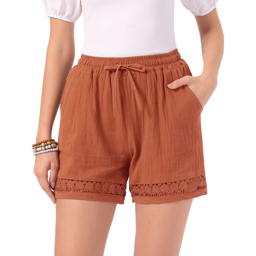 Women Summer Linen Drawstring High Waisted with Pockets Shorts Orange